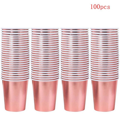 100 συσκευασίες Φλιτζάνι μιας χρήσης Ροζ χρυσό φύλλο χαρτί Κύπελλο 9 ουγκιών Πάρτι Γάμος Γενέθλια Ποτό Κύπελλο πάρτι Επιτραπέζια σκεύη