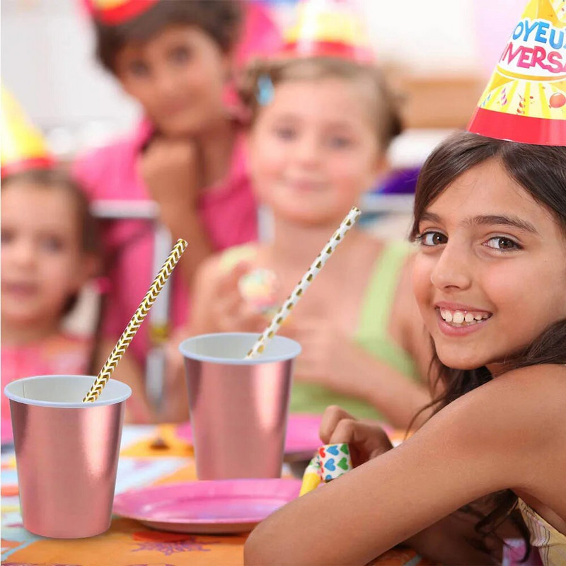 100 συσκευασίες Φλιτζάνι μιας χρήσης Ροζ χρυσό φύλλο χαρτί Κύπελλο 9 ουγκιών Πάρτι Γάμος Γενέθλια Ποτό Κύπελλο πάρτι Επιτραπέζια σκεύη