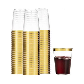 10 τμχ Χρυσά πλαστικά κύπελλα για επιδόρπιο 12oz Σκληρό φλιτζάνι μιας χρήσης PWine Glass Διαφανές ποτήρι ποτό Γάμος Γάμου Παρέχεται