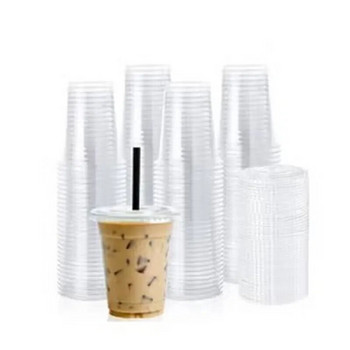 360 мл (12 унции) прозрачни чаши с капаци Сламки PET пластмасови чаши за кафе 10 броя чаши за еднократна употреба за чай смути газирани напитки и смесени напитки