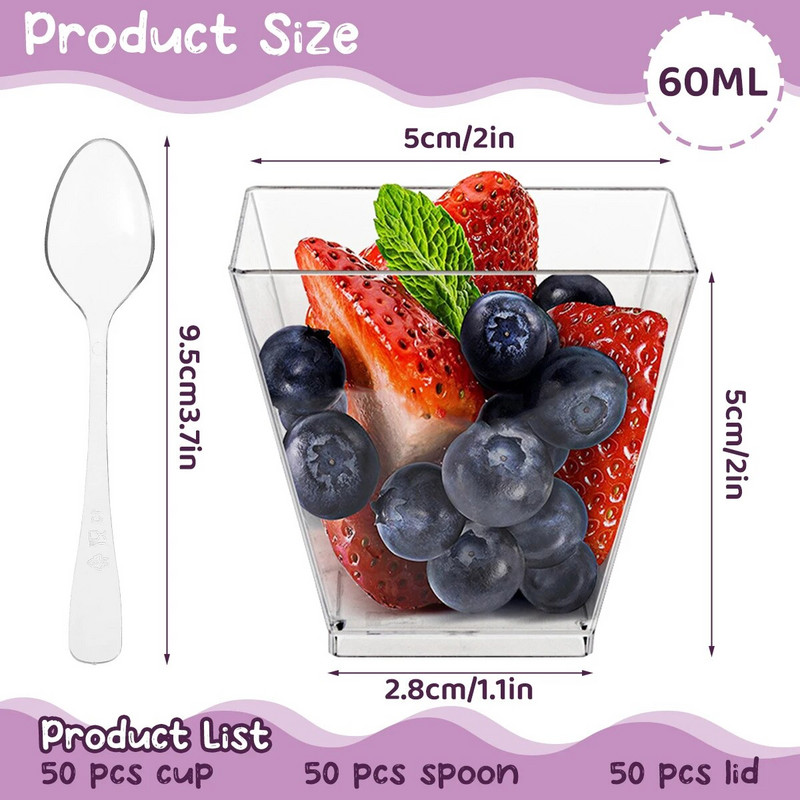 50 db mini desszert csésze fedővel Kanalak 60 ml műanyag desszert fagylalt csésze DIY desszert Otthoni Fesztivál esküvői kellékei