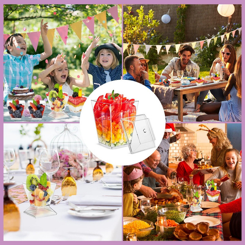 50 db mini desszert csésze fedővel Kanalak 60 ml műanyag desszert fagylalt csésze DIY desszert Otthoni Fesztivál esküvői kellékei