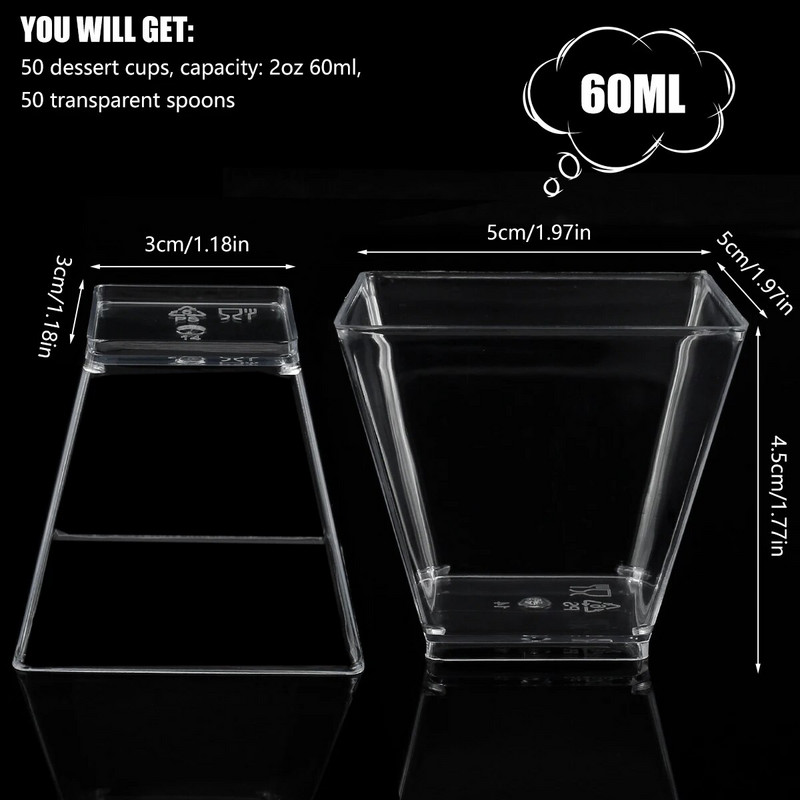 50 tk nelinurksed mini-magustoidutopsid lusikatega 60 ml parfee eelroa tass Korduvkasutatav serveerimiskauss Pudingivahu jaoks mõeldud magustoidukausid