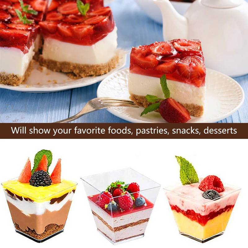 50 tk nelinurksed mini-magustoidutopsid lusikatega 60 ml parfee eelroa tass Korduvkasutatav serveerimiskauss Pudingivahu jaoks mõeldud magustoidukausid