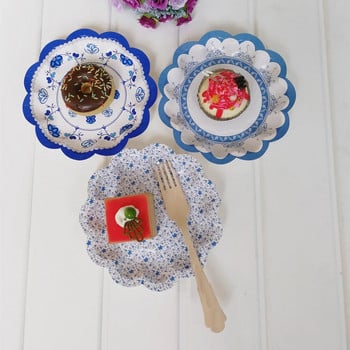 12 БР. Чинии за торта във формата на цвете в китайски стил Декоративни сини и бели порцеланови дизайнерски хартиени десертни чинии за предястие