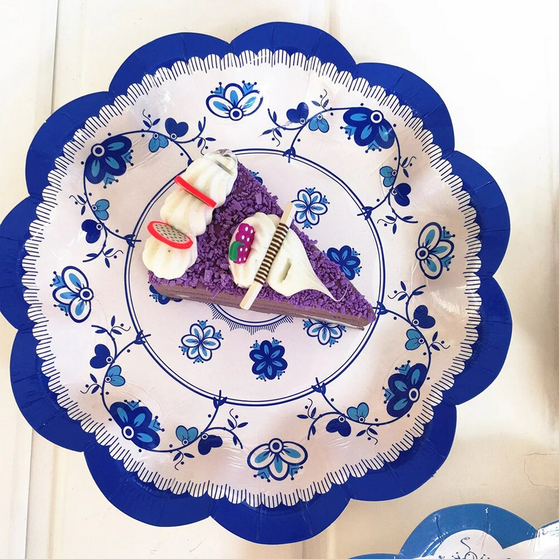 12 vnt kiniškos gėlės formos tortų lėkštės Dekoratyvinės mėlynos ir baltos porceliano dizaino popierinės desertinės lėkštės užkandžiui