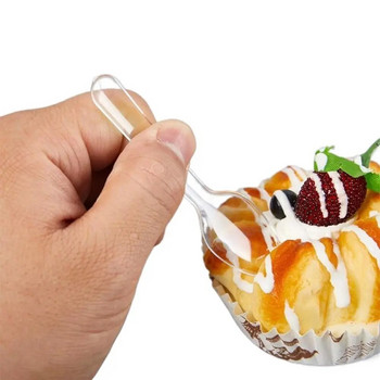 100 бр. Мини прозрачни пластмасови лъжици Еднократни лъжици за прибори за хранене за желе, сладолед, десерт, предястие, еднократна пластмасова лъжица