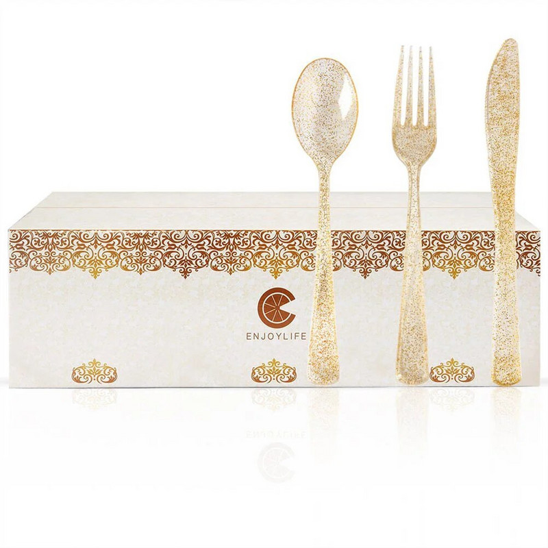 Ühekordselt kasutatavate söögiriistade komplekt Plastikust sädelevate riistade komplekt Pulmapeo söögiriistade tarvikud Lõikeriistade lusikas igale