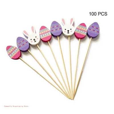 100 vnt./pakuotė vaisių lazdelės internete Įžymybių Velykų zuikis ir kiaušinių šventė String Finger Šakutė Vaisių styga bambuko šakutė