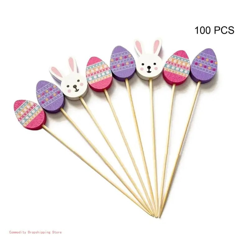 100 vnt./pakuotė vaisių lazdelės internete Įžymybių Velykų zuikis ir kiaušinių šventė String Finger Šakutė Vaisių styga bambuko šakutė