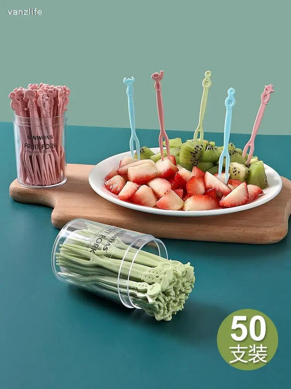 vanzlife Vaisių šakutės kostiumas vaisių lazdelė vienkartinė plastikinė dviejų dantų buitinė vaisių pyrago desertinė šakutė užkandžių šakutė
