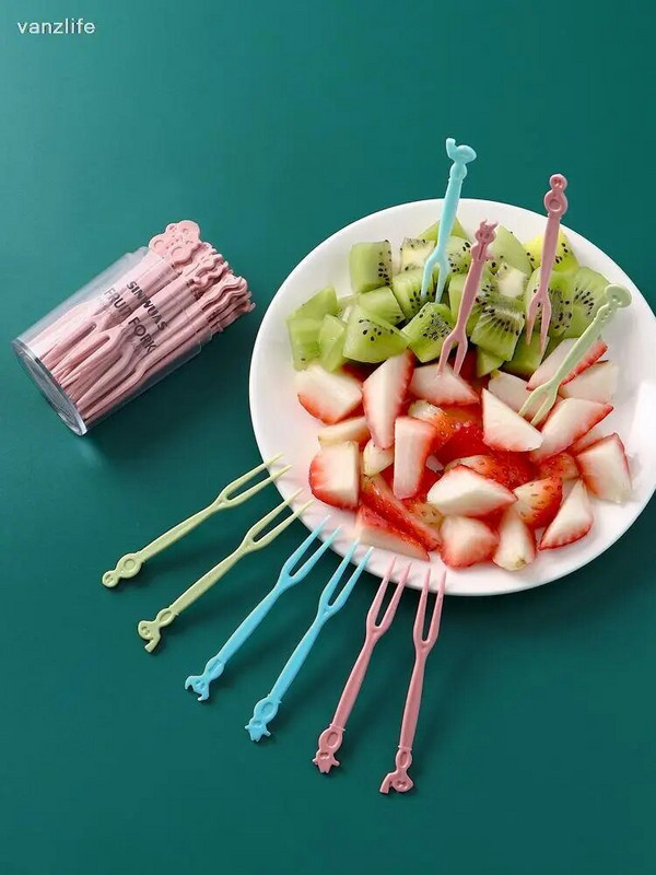 vanzlife Vaisių šakutės kostiumas vaisių lazdelė vienkartinė plastikinė dviejų dantų buitinė vaisių pyrago desertinė šakutė užkandžių šakutė