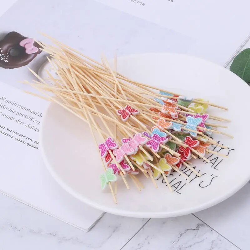 100 vnt. 12 cm „Butterfly Picks“ desertų švediško stalo vaisių salotų šakutės pyrago bandelė