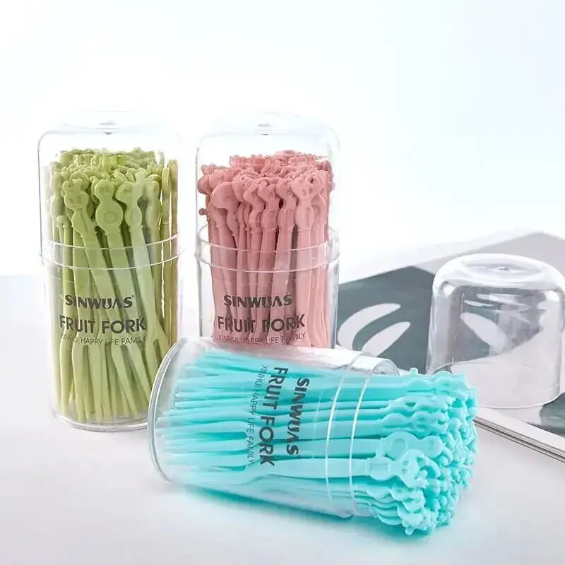 Vienkartinė vaisių šakutė, maistinė plastikinė animacinių filmų šakutė pyragų salotoms, buitinis desertas firminė vaisių lėkštė