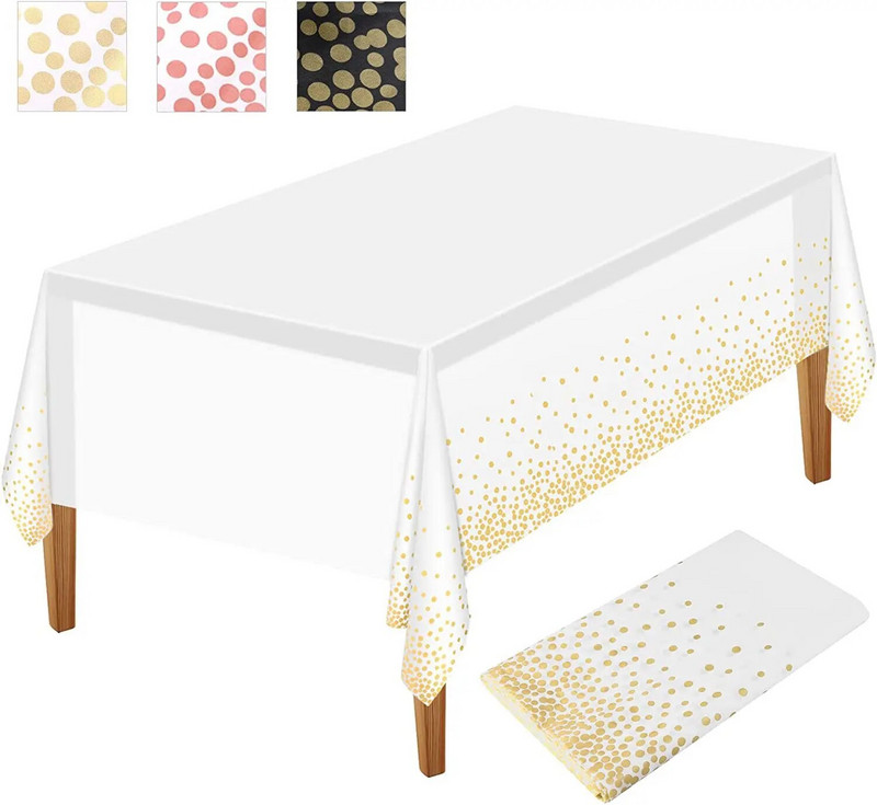 Peotäpiga ühekordselt kasutatav ristkülikukujuline plastikust laudlina riidest pulm peo-roosilaua veekindla laua kuldse sünnipäevakatte kaunistuseks