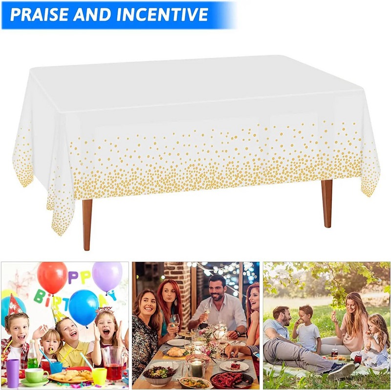 Peotäpiga ühekordselt kasutatav ristkülikukujuline plastikust laudlina riidest pulm peo-roosilaua veekindla laua kuldse sünnipäevakatte kaunistuseks