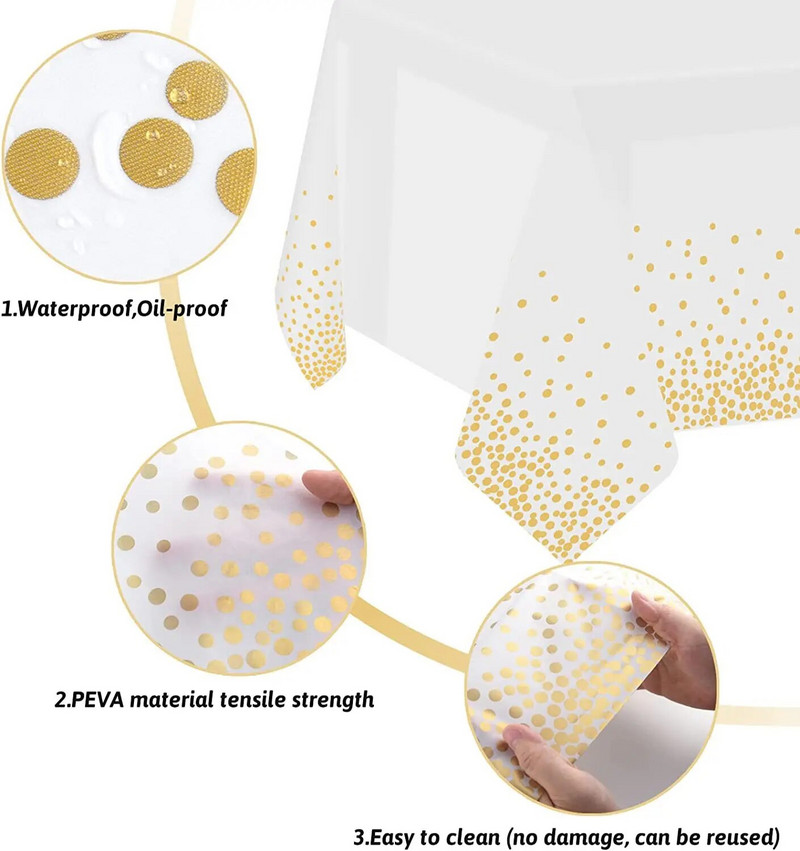 Peotäpiga ühekordselt kasutatav ristkülikukujuline plastikust laudlina riidest pulm peo-roosilaua veekindla laua kuldse sünnipäevakatte kaunistuseks