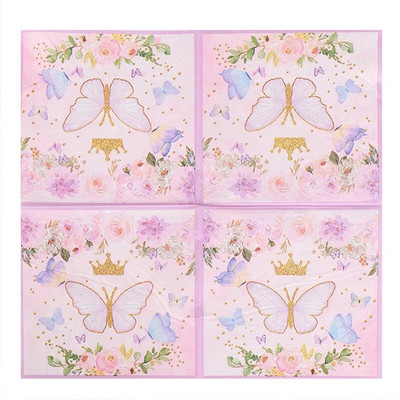 20db/csomag Rózsavirág Pillangó Nyomtatott Papír Eldobható Evőeszközök Szalvéta törlőkendő Esküvői Party dekoráció