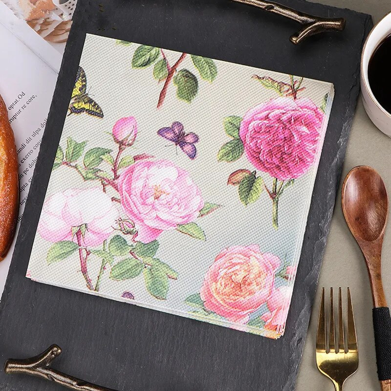 20 buc/pachet Hârtie imprimată cu flori de trandafir, de unică folosință, țesături de șervețel, decorare pentru petrecerea de nuntă