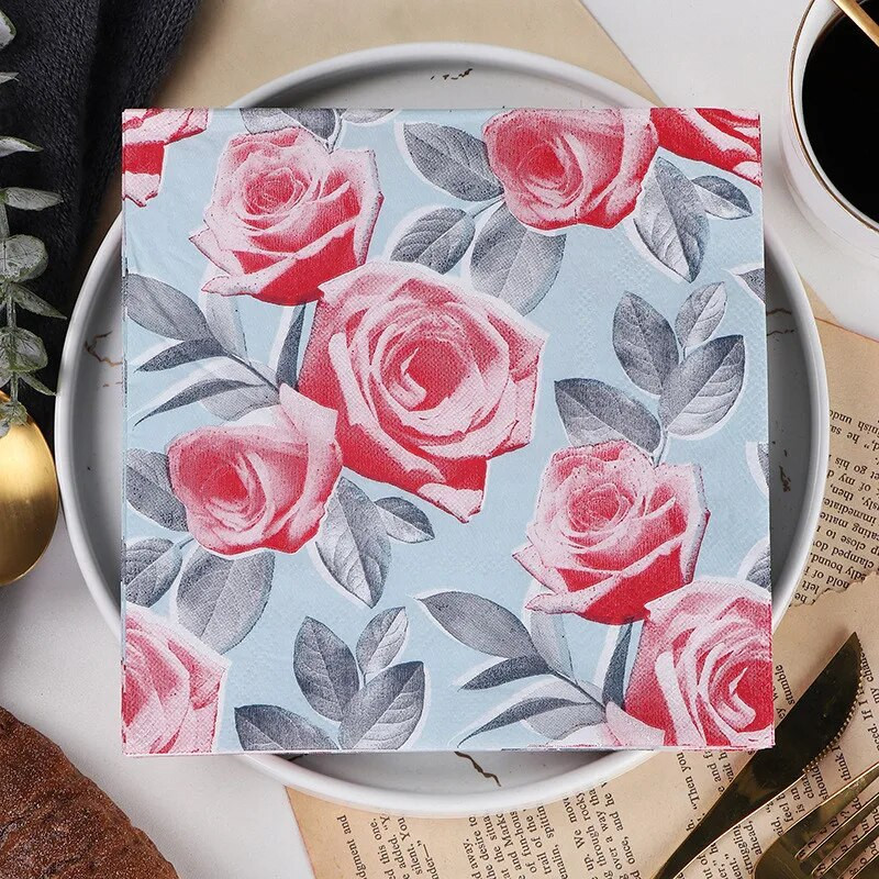 20 tk/pakk Armastaja süda roos, trükitud paberist ühekordsed lauanõud, salvrätiku salvrätikud, meisterdamine, pulmapeo kaunistus