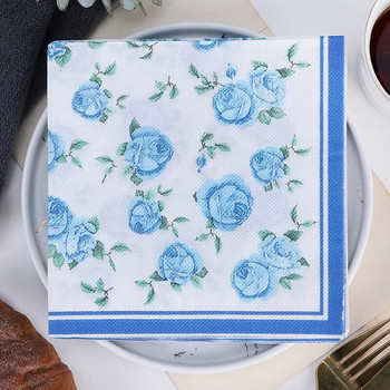 20 τεμ./συσκευασία Blue Rose Flower Series Χάρτινες τετράγωνες χαρτοπετσέτες δείπνου για κοκτέιλ για γενέθλια γάμου Διακόσμηση Baby Shower