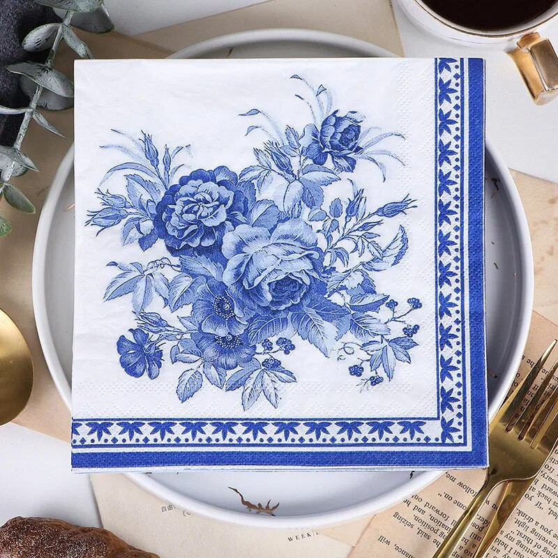 20 tk / pakk Sinise roosi lille seeria paberkokteil Square õhtusöögi salvrätikud pulmade sünnipäevaks beebi dušši kaunistamiseks