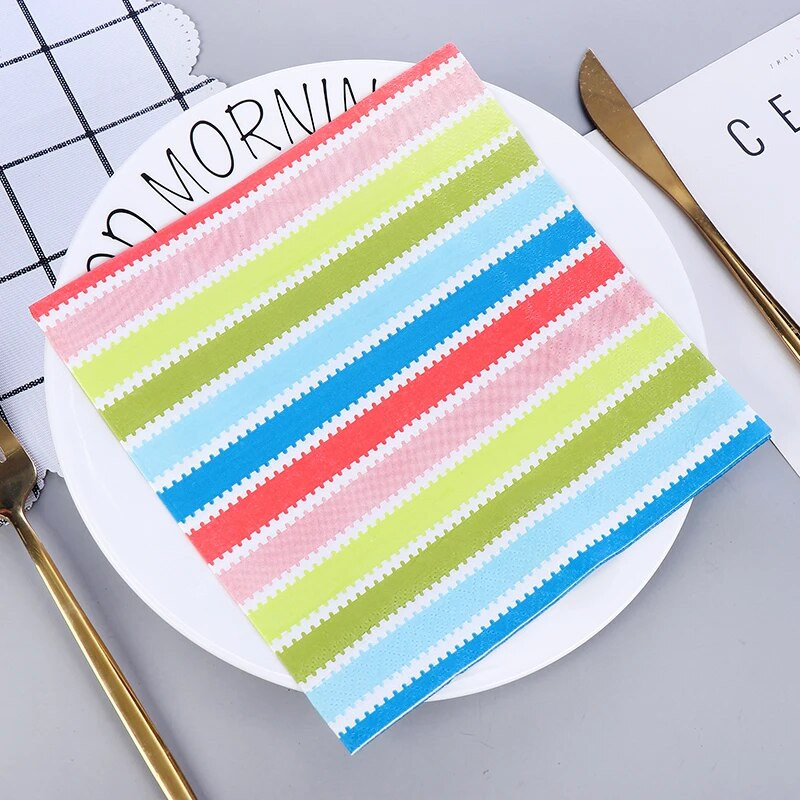 20 tk/pakend Rainbow lauapaberist salvrätikud Lihtsad värvilised triibulised salvrätikupaberist salvrätikud pulmakaunistuseks peotarbed hulgimüük