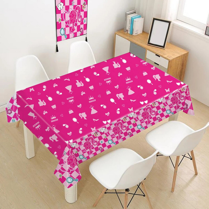 Rožinė teminė vakarėlio staltiesė Princesės vestuvių gimtadienio puošmena Vaikų mergaitėms Kūdikių dušo stalo dangtis 1-ojo gimtadienio reikmenys