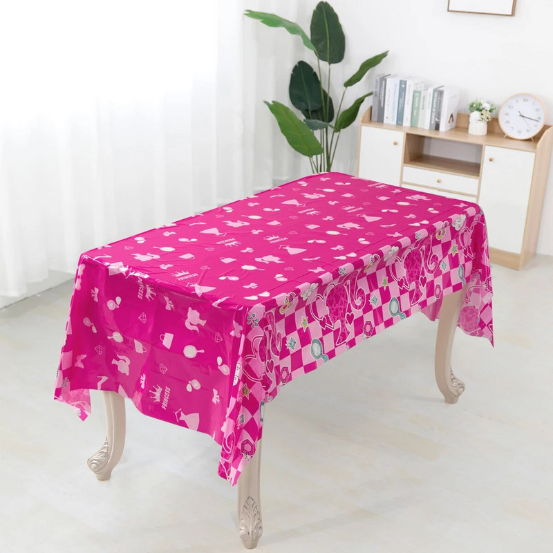 Rožinė teminė vakarėlio staltiesė Princesės vestuvių gimtadienio puošmena Vaikų mergaitėms Kūdikių dušo stalo dangtis 1-ojo gimtadienio reikmenys