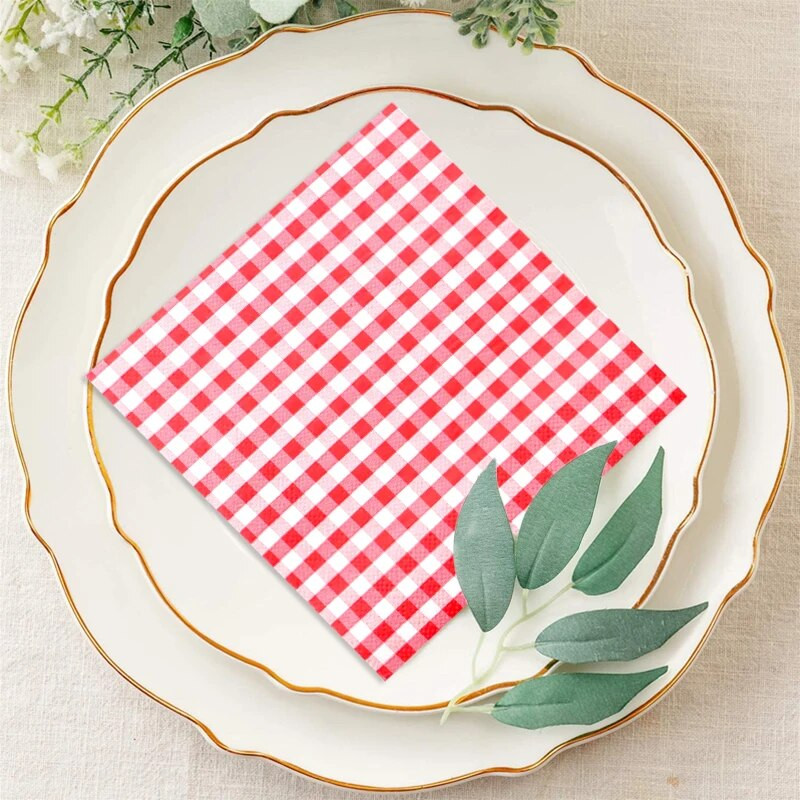 20 vnt./pak. Pastoralinės raudonos ir baltos languotos popierinės servetėlės, raudonos grotelės, stalo reikmenys, skirti namų kūdikių vakarėliui gimtadienio vakarėliui papuošti