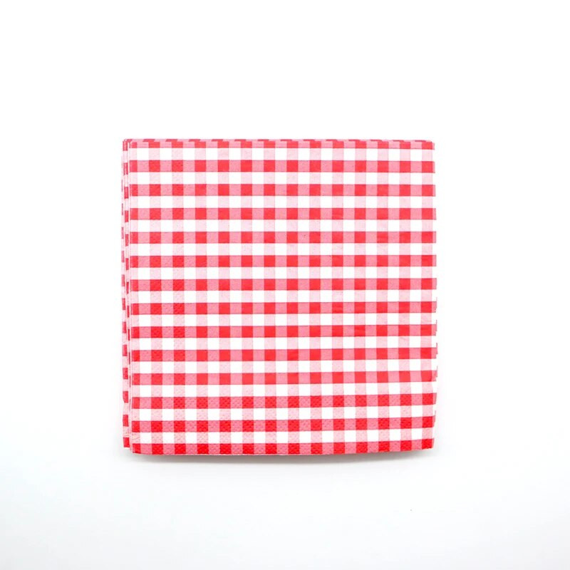 20 vnt./pak. Pastoralinės raudonos ir baltos languotos popierinės servetėlės, raudonos grotelės, stalo reikmenys, skirti namų kūdikių vakarėliui gimtadienio vakarėliui papuošti