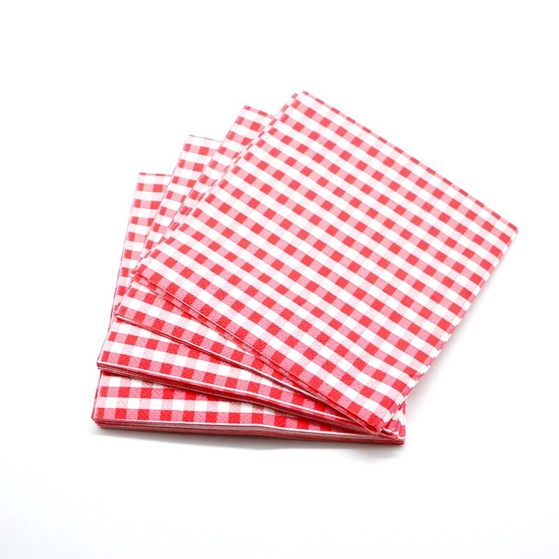 20 vnt./pak. Pastoralinės raudonos ir baltos languotos popierinės servetėlės, raudonos grotelės, stalo reikmenys, skirti namų kūdikių vakarėliui gimtadienio vakarėliui papuošti