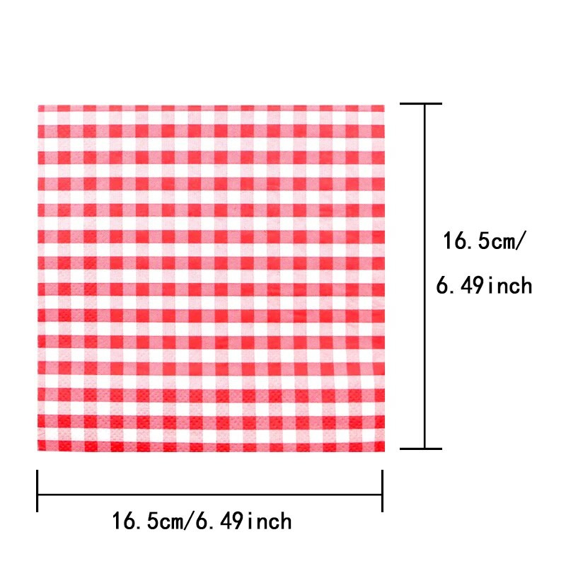 20 vnt./pak. Pastoralinės raudonos ir baltos languotos popierinės servetėlės, raudonos grotelės, stalo reikmenys, skirti namų kūdikių vakarėliui gimtadienio vakarėliui papuošti