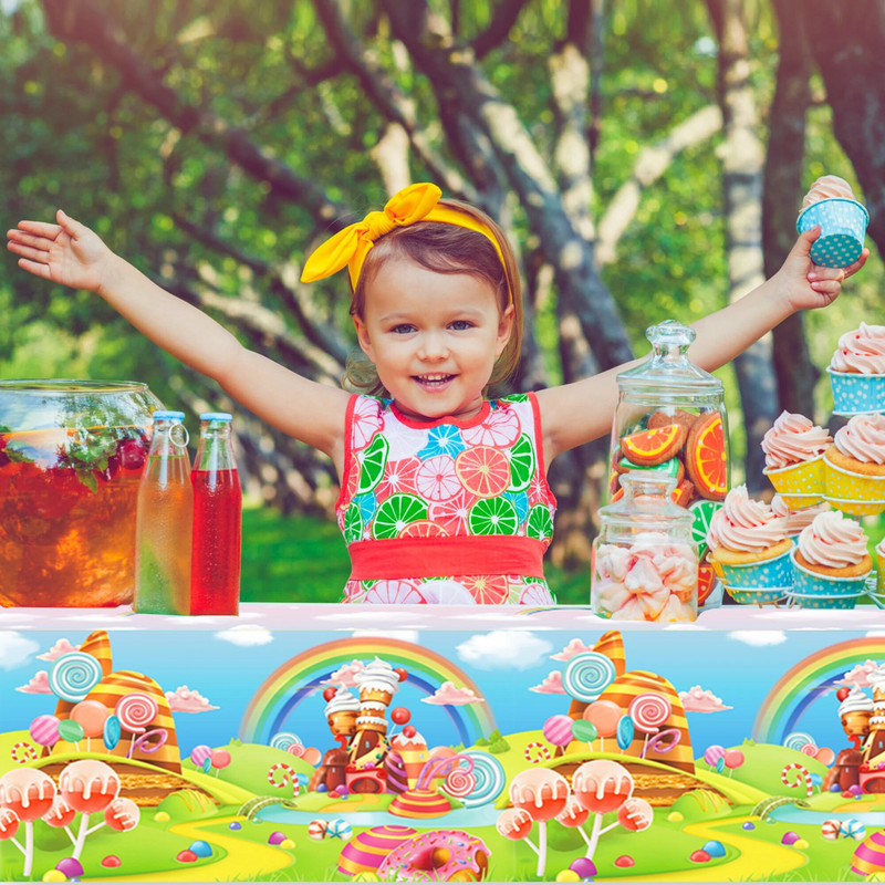 Multikas pulgakommi vikerkaarepeo ühekordne laudlina muinasjutt kommid lossi tüdrukute sünnipäevapidu matkamati lauakatte sisekujundus