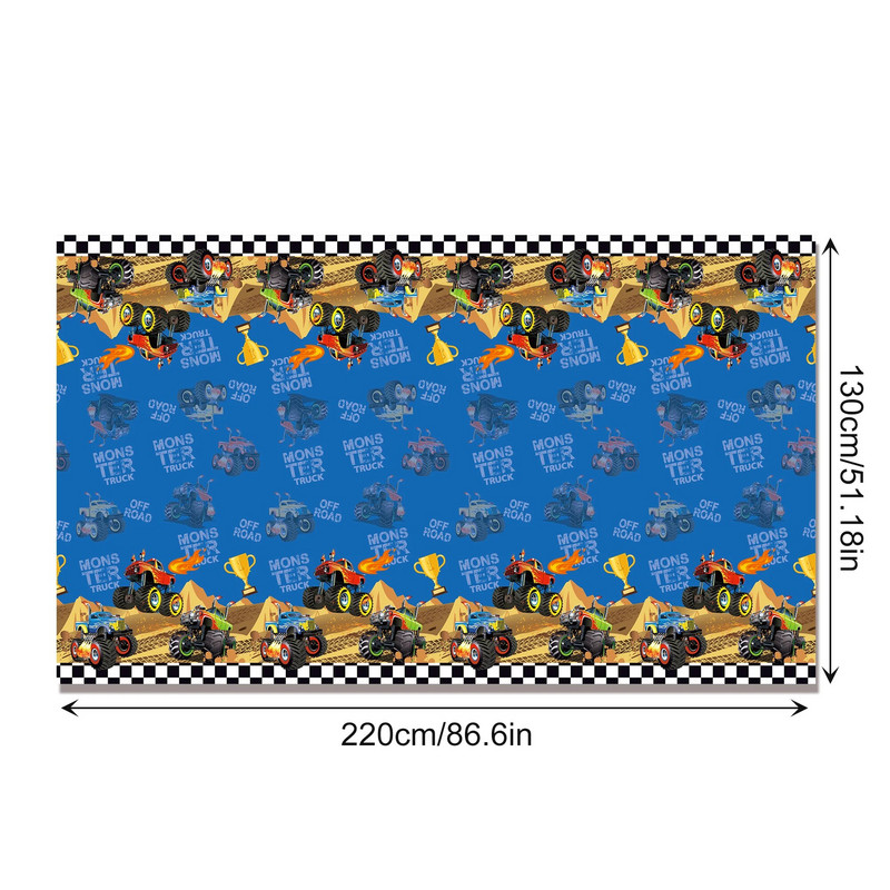 Cartoon Racing Monster Truck Game Party ühekordne laudlina 130*220cm Sünnipäevalaua kate Baby Shower Party Matkamati sisustus
