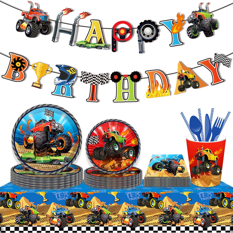 Cartoon Racing Monster Truck Game Party ühekordne laudlina 130*220cm Sünnipäevalaua kate Baby Shower Party Matkamati sisustus
