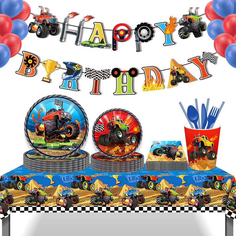 Cartoon Racing Monster Truck Game Party ühekordne laudlina 130*220cm Sünnipäevalaua kate Baby Shower Party Matkamati sisustus