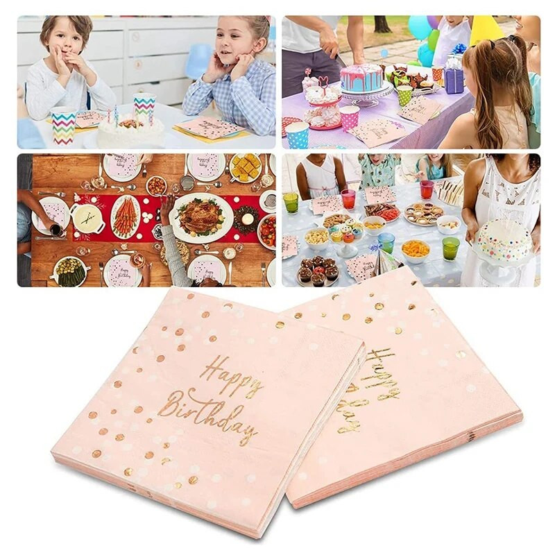 Palju õnne sünnipäevaks salvrätikud 3-kihilised pabersalvrätikud Roosa kuldne lauakaunistus Laste sünnipäevakaunistus