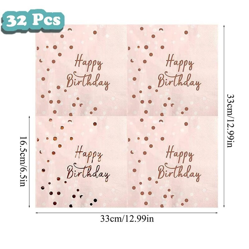 Palju õnne sünnipäevaks salvrätikud 3-kihilised pabersalvrätikud Roosa kuldne lauakaunistus Laste sünnipäevakaunistus