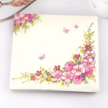 Диагонална салфетка с отпечатани цветя, розова хартия за подложка за хранене, повърхност за цветна аранжировка на чаша за вино, хартия за салфетки за еднократна употреба