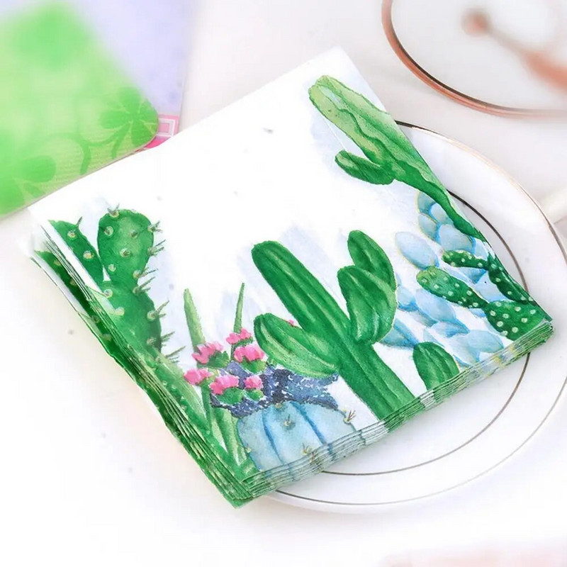20 vnt. / Maišelis pietų servetėlės Gana patogios vakarienės servetėlės, žalios kaktuso spausdintos vakarienės popierinės servetėlės namų reikmenys