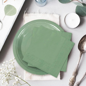 Комплект прибори за хранене Green Sage за 10 гости Парти консумативи Чинии за хартиени чаши Салфетки Комплект прибори за хранене Парти декорации