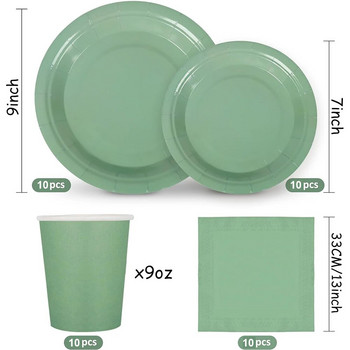 Комплект прибори за хранене Green Sage за 10 гости Парти консумативи Чинии за хартиени чаши Салфетки Комплект прибори за хранене Парти декорации