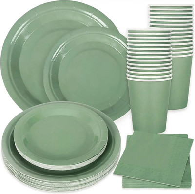 Σετ μαχαιροπήρουνων Green Sage για 10 καλεσμένους Είδη πάρτυ Χάρτινα πιάτα κούπας χαρτοπετσέτες Σετ επιτραπέζια σκεύη Διακοσμητικά πάρτι