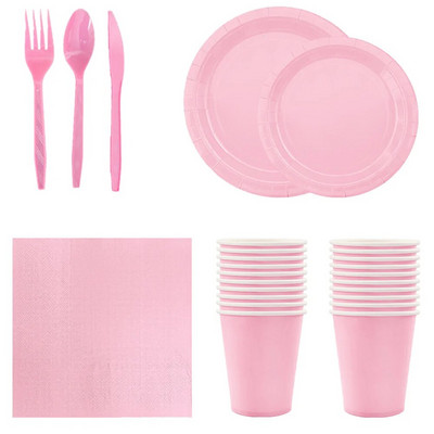 Едноцветна розова тема Рожден ден Супер момичета Декорации Парти Посуда за еднократна употреба Хартиени салфетки Чаши Чинии Покривки Слама