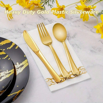 30PCS комплект златисти пластмасови прибори за хранене включва 10 златни вилици 10 лъжици 10 сватбени ножа и пластмасови съдове за парти, които могат да се мият