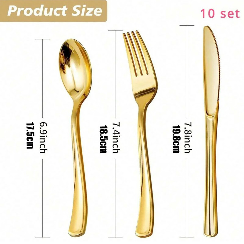 Το σετ 30τμχ χρυσό πλαστικό σερβίτσιο περιλαμβάνει 10 χρυσά πιρούνια 10 κουταλιές 10 μαχαίρια γάμου και πλαστικά σερβίτσια για πάρτι που πλένονται