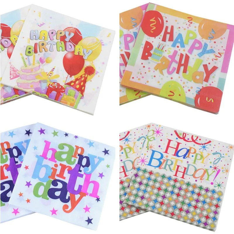 20tk/pakend 33x33cm ühekordselt kasutatavad lapsed palju õnne sünnipäevaks, trükitud laua õhtusöök, salvrätikud, paberist peokaunistus
