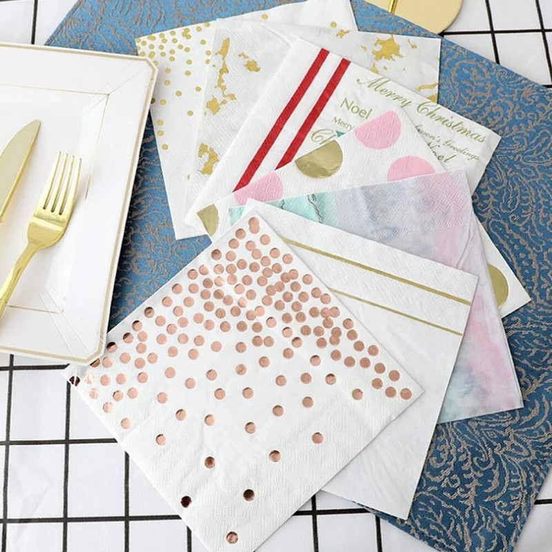 Party Pontnyomott Esküvői Dekor Törölközők Fehér Születésnapi 25db Selyemszalvéták Szalvéta Papír Elegáns Eldobható Asztali Fólia Arany