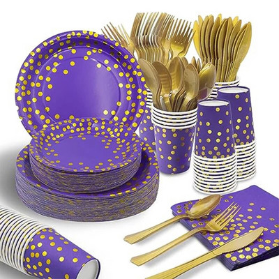 16db/készlet Lila arany pöttyös eldobható parti étkészlet Születésnapi parti kellékek Papír tányérok Szalvéta csészék Esküvői dekoráció